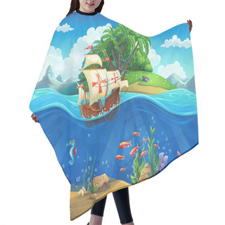 Personality  Cartoon Underwater World With Fish, Plants, Island And Caravel Hair Cutting Cape
