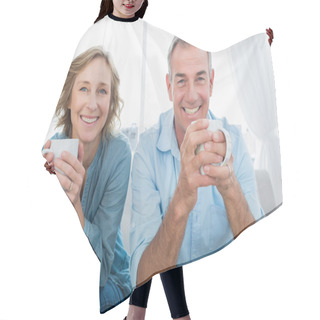 Personality  Smiling Middle Aged Couple Sitting On The Couch Having Coffee Hair Cutting Cape