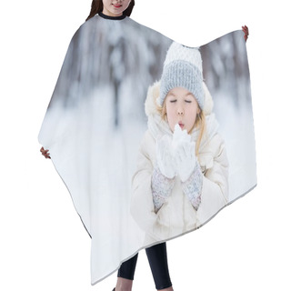 Personality  Portrait Of Adorable Kid Blowing Onto Snow Ball In Hands In Winter Park Hair Cutting Cape