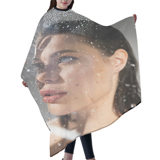 Personality  Young Brunette Woman Standing Near Wet Glass On Grey Background  Hair Cutting Cape