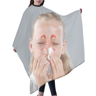 Personality  Little Girl Suffering From Runny Nose As Allergy Symptom. Sinuses Illustration On Face Hair Cutting Cape