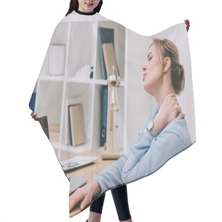 Personality  Businesswoman With Neckpain Sitting At Workplace In Office Hair Cutting Cape