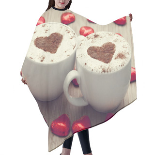 Personality  Two Cup Of Coffee With Heart Symbol And Candy Around. Hair Cutting Cape