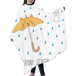 Personality  Hand Drawn Kawaii Cat Umbrella With Japanese Teru Teru Bozu Doll Under Rain, Vector, Illustration Hair Cutting Cape