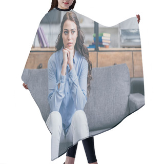Personality  Sad Woman In Blue Blouse And White Pants Sitting On Grey Couch In Kitchengrieving Disorder Concept , Hair Cutting Cape