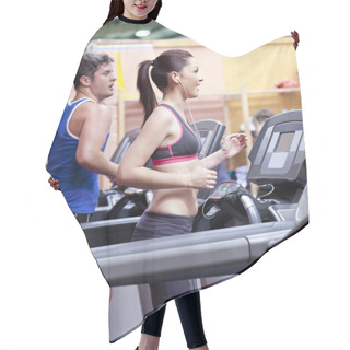 Personality  Healthy Couple Running On A Treadmill In A Sport Centre Hair Cutting Cape
