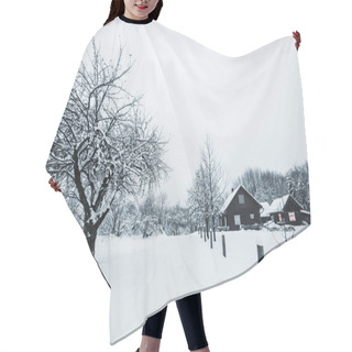 Personality  Trees Covered With White Snow And Wooden Houses In Carpathian Mountains Hair Cutting Cape