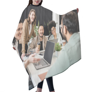 Personality  Happy Interracial Business Team Looking At Colleague On Blurred Foreground, Brainstorming Hair Cutting Cape