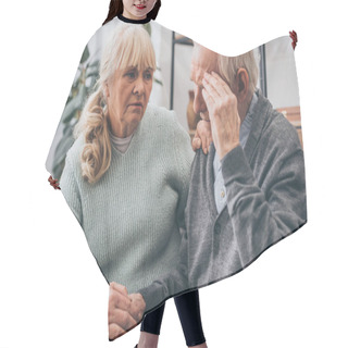 Personality  Retired Woman Holding Hands With Senior Husband Having Headache  Hair Cutting Cape