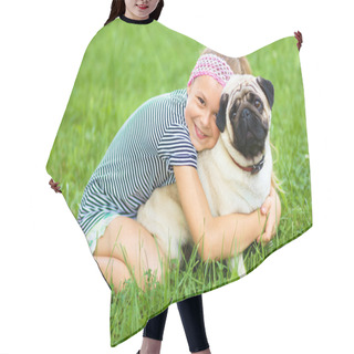 Personality  Little Girl And Her Pug Dog On Green Grass Hair Cutting Cape