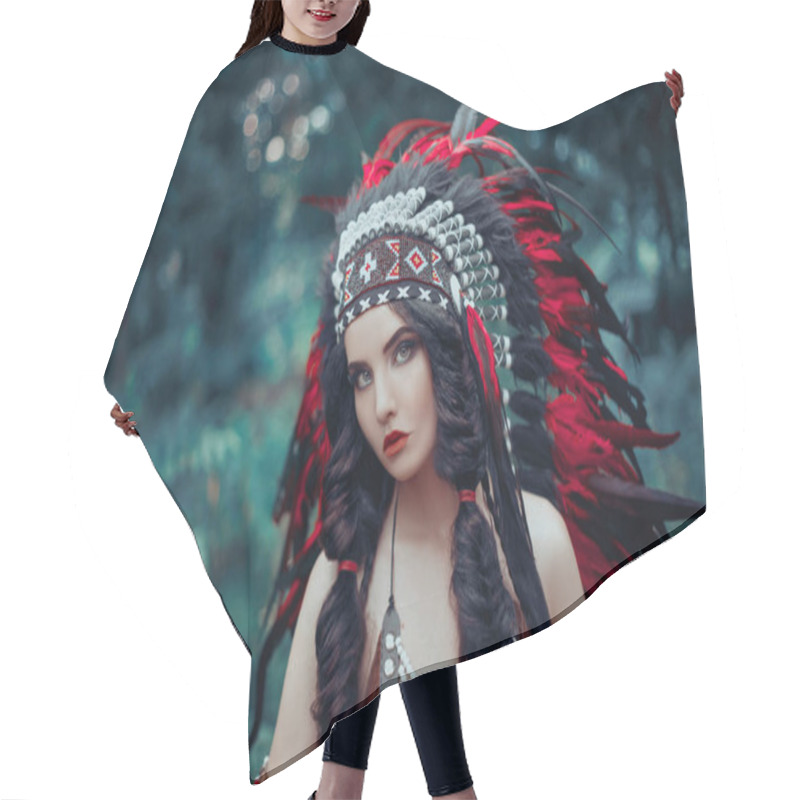 Personality  Fantasy Portrait Of Girl Beautiful Face Art Native American Creative Warrior Combat Makeup. Indian Woman Hunter Traditional Leather Sexy Dress Ethnic Costume Red Plume Roach Feathers Black Headdress Hair Cutting Cape
