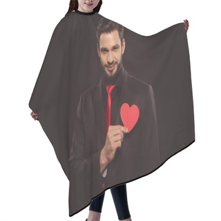Personality  Handsome Man Holding Paper Heart And Looking At Camera Isolated On Black Hair Cutting Cape