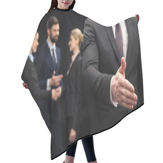 Personality  Businessman Showing Handshake Sign Hair Cutting Cape