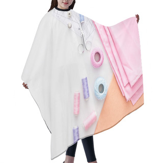 Personality  Top View Of Fabric, Knitting Yarn Balls, Scissors, Bobbins, Thimble And Sewing Pattern On White Background  Hair Cutting Cape