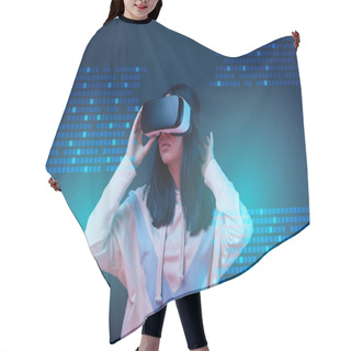 Personality  Young Woman In Virtual Reality Headset Among Glowing Cyber Illustration On Dark Background Hair Cutting Cape