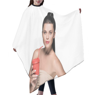 Personality  Woman With Disposable Cup Of Coffee Hair Cutting Cape