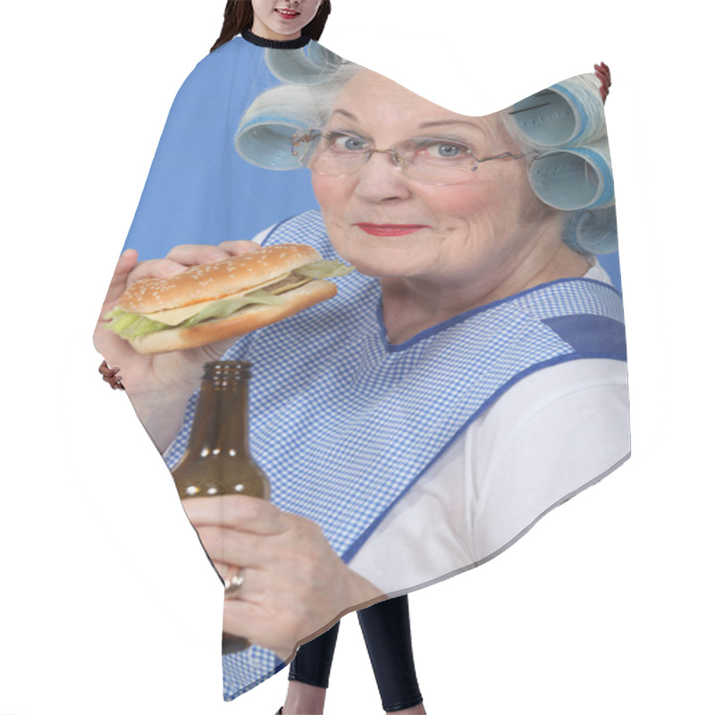 Personality  Old Woman In Rollers With A Burger And A Beer Hair Cutting Cape