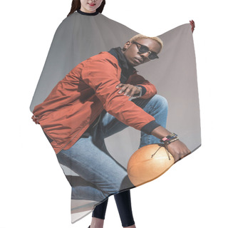 Personality  Stylish Young African American Man Holding Basketball Ball On Floor And Looking At Camera Hair Cutting Cape