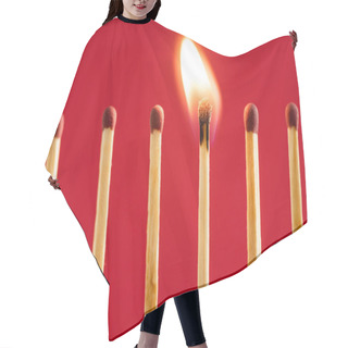 Personality  Match With Fire Among Burned Matches On Red  Hair Cutting Cape