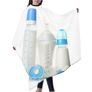 Personality  Bottles Of Milk With Pacifiers And Baby Formula On White Background Hair Cutting Cape