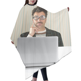 Personality  Nerd Pensive Man Glasses Silly Expression Laptop Hair Cutting Cape