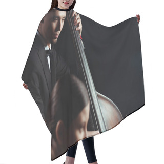 Personality  Professional Musicians Playing On Violin And Contrabass On Dark Stage  Hair Cutting Cape