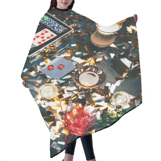 Personality  Elevated View Of Alcoholic Cocktails, Playing Cards, Poker Chips And Party Horns On Table Covered By Golden Confetti  Hair Cutting Cape