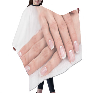 Personality  Female Hands With French Manicure Hair Cutting Cape