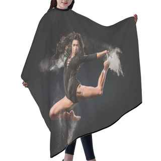 Personality  Beautiful Ballerina In Black Bodysuit With Talc Powder Jumping On Dark Background Hair Cutting Cape