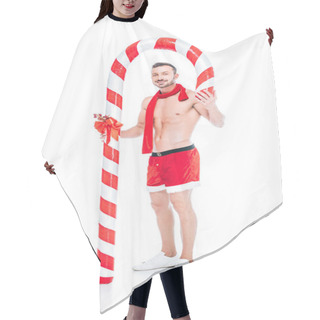 Personality  Shirtless Muscular Man In Santa Shorts And Red Scarf Standing With Striped Christmas Stick Isolated On White Background Hair Cutting Cape