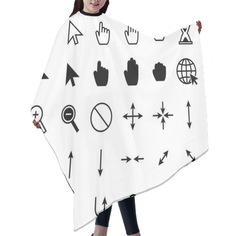 Personality  Cursor Icons. Web Pointer Clicking, Scale Arrow And Magnifier Icon. Grab Hand, Pointing Arrows And Hourglass Loading Vector Set Hair Cutting Cape