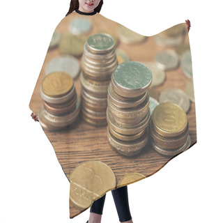 Personality  Selective Focus Of Coins Stacks On Wooden And Blurred Background Hair Cutting Cape