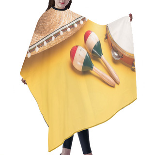 Personality  Wooden Colorful Maracas, Tambourine And Sombrero On Yellow Background Hair Cutting Cape