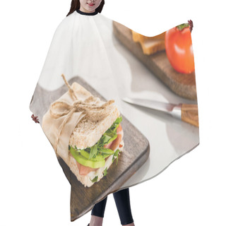 Personality  Selective Focus Of Fresh Green Sandwich With Avocado And Prosciutto On Wooden Cutting Board On White Marble Surface Hair Cutting Cape