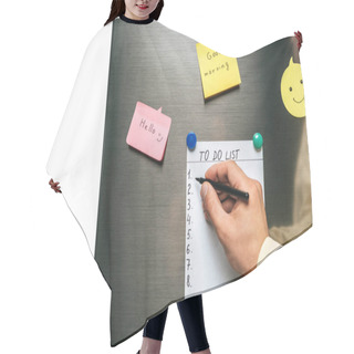 Personality  Cropped View Of Man Filling In To Do List Hanging On Fridge Near Wishes On Sticky Notes Isolated On White Hair Cutting Cape