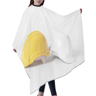 Personality  Plastic Safety Helmet For Engineer On Gray Background. Hair Cutting Cape