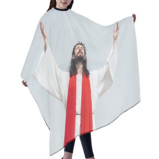 Personality  Jesus In Robe, Red Sash And Crown Of Thorns Standing With Raised Hands And Praying In Desert Hair Cutting Cape