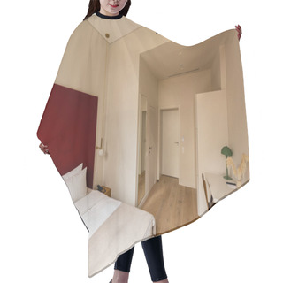 Personality  Wooden Chair Near Workspace And Bed In Room Of Hotel  Hair Cutting Cape
