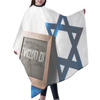 Personality  Chalkboard With Hebrew Lettering Near National Flag Of Israel  Hair Cutting Cape