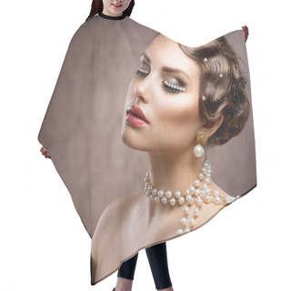 Personality  Retro Styled Makeup With Pearls. Beautiful Young Woman Portrait Hair Cutting Cape