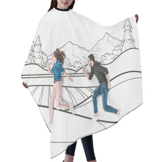 Personality  Creative Hand Drawn Collage With Couple Running By Mountains Landscape Hair Cutting Cape