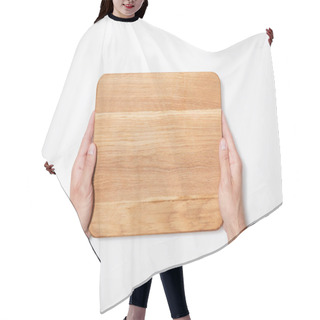 Personality  Top View Of Man Holding Wooden Chopping Board On White Background Hair Cutting Cape