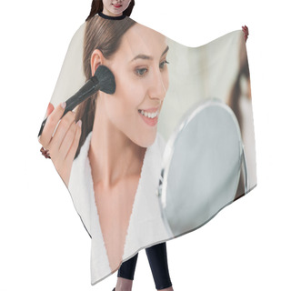 Personality  Beautiful Smiling Brunette Girl In Bathrobe Applying Powder Bronzer With Brush Hair Cutting Cape