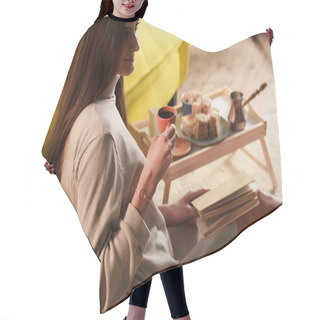 Personality  Side View Of Woman With Cup Of Coffee And Book At Home Hair Cutting Cape