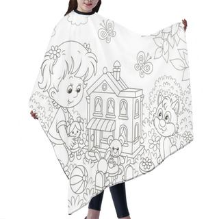 Personality  Cute Little Girl Playing With A Small Doll, A Bear, A Rabbit And A Toy House Among Flowers On A Sunny Summer Day, Black And White Vector Illustration In A Cartoon Style  Hair Cutting Cape