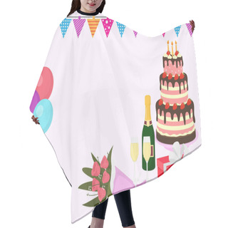 Personality  Happy Birthday Vector Greeting Card Background With Colorful Balloons, Gift Box With Ribbons, Flowers, Large Cake With Candels, Flags And Bottle Of Champagne. Hair Cutting Cape