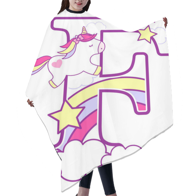 Personality  Initial F With Cute Unicorn And Rainbow. Can Be Used For Baby Birth Announcements, Nursery Decoration, Party Theme Or Birthday Invitation. Design For Baby And Children Hair Cutting Cape
