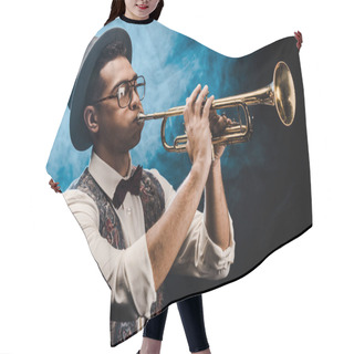 Personality  Male Musician In Hat And Eyeglasses Playing On Trumpet On Stage With Dramatic Lighting And Smoke Hair Cutting Cape