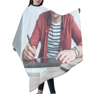 Personality  Young Illustrator Sitting By Table With Graphic Tablet Hair Cutting Cape
