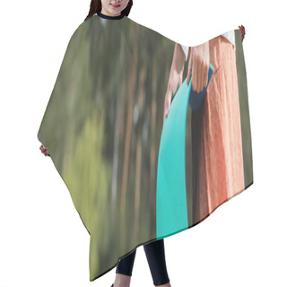 Personality  Cropped View Of Buddhist Holding Blue Yoga Mat Outdoors, Banner Hair Cutting Cape